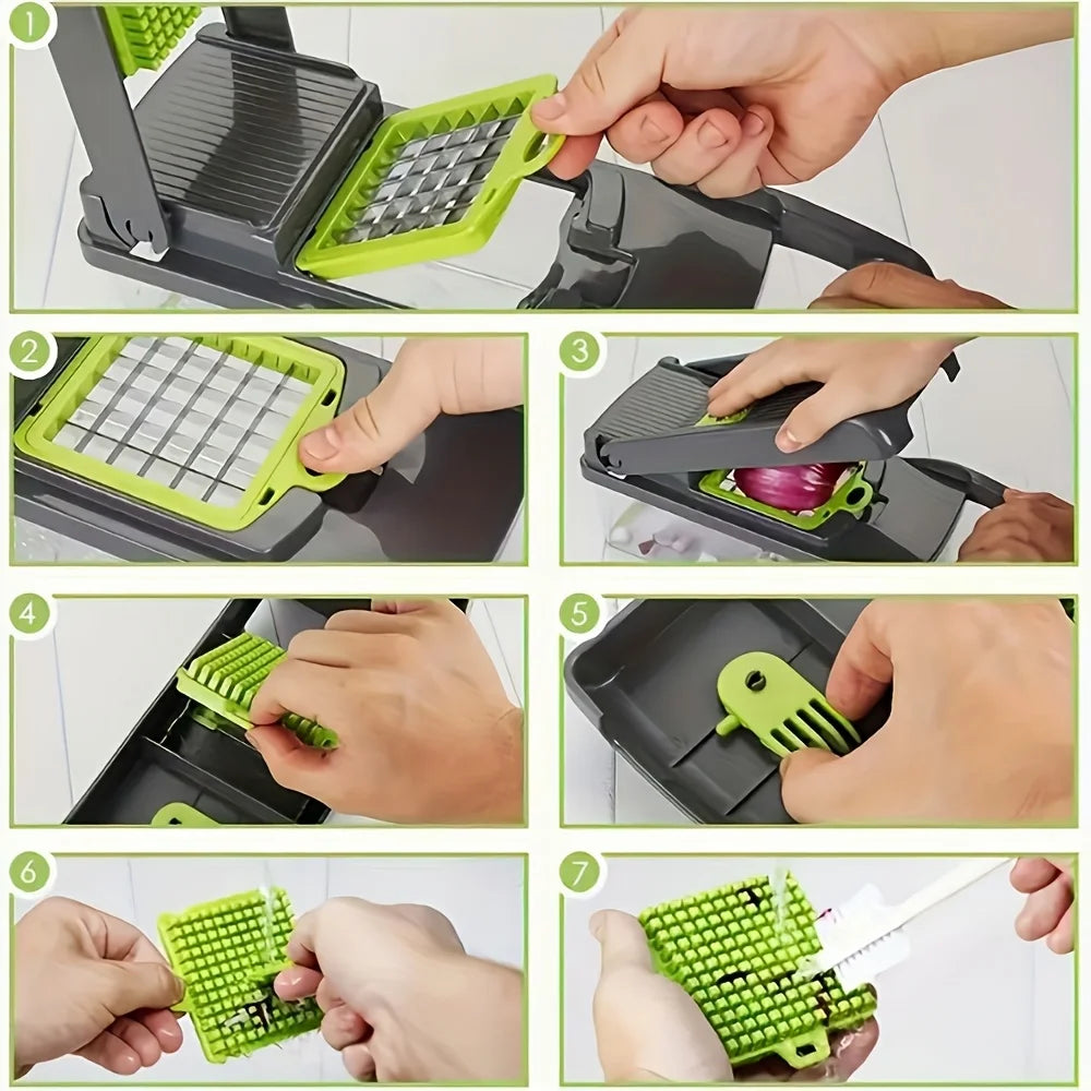 16-in-1 Manual Vegetable Chopper with Container & 8 Blades - Easy Onion, Carrot, Garlic Slicer - Father's Day Kitchen Gift