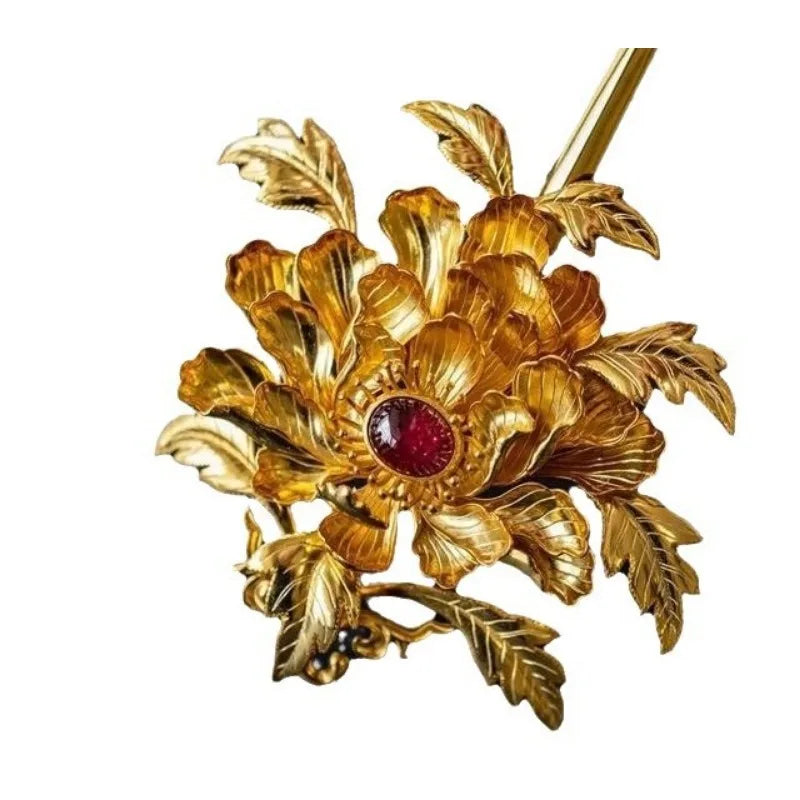 Bright Crown Qunfang Gold-plated Restored Gold-inlaid Tourmaline Peony Flower Hairpin Forbidden Hair Accessories Style