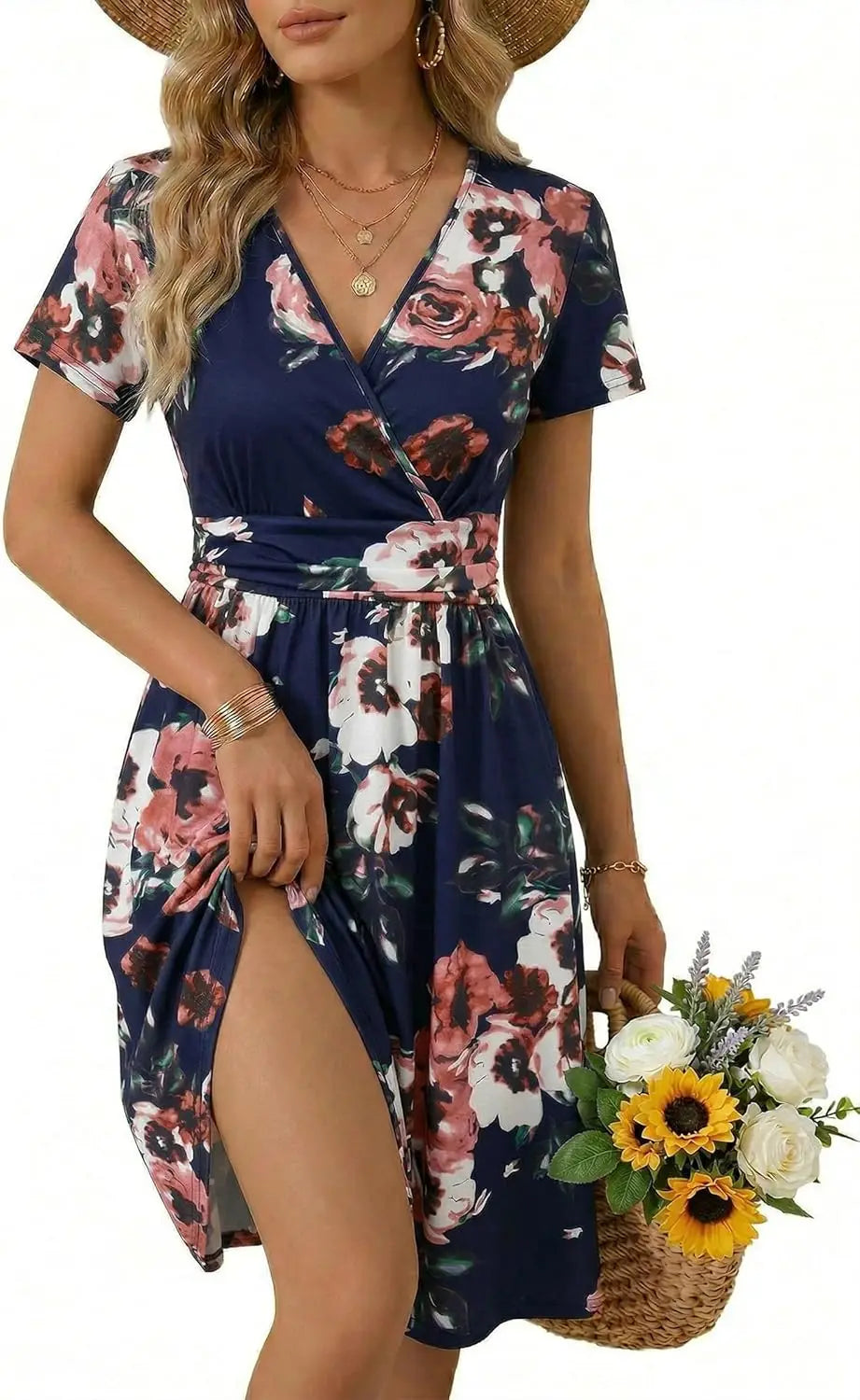 Women's Summer Wrap A-Line Midi Dress with Pocket and V-Neck