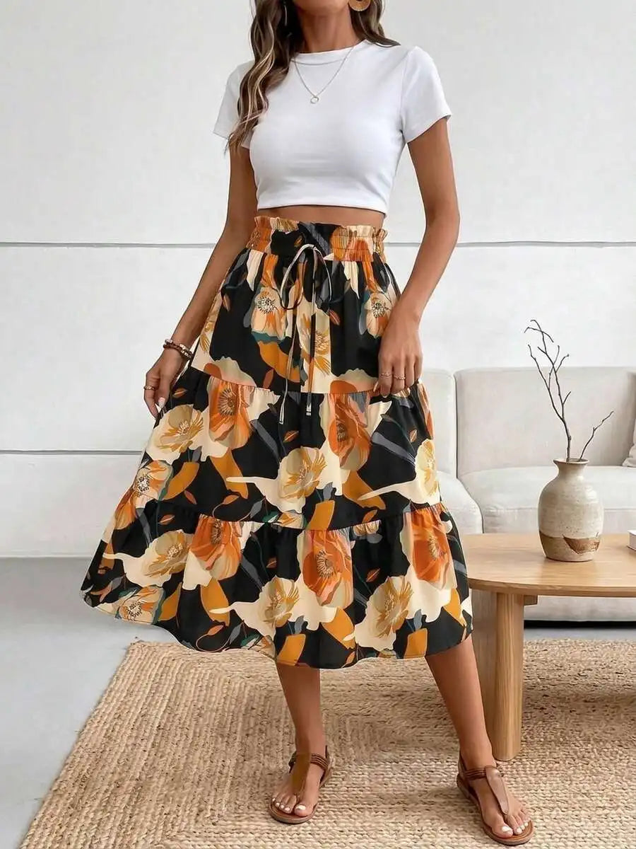 Boho Floral Print Tiered Ruffle Midi Skirt Women High Waist Elastic A-Line Flowy Summer Skirt