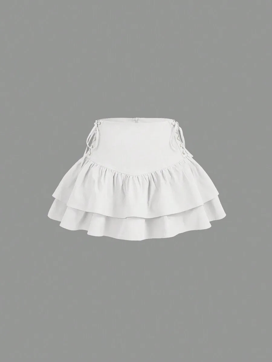 Women Solid Lace Up Side Ruffle Hem Mini Skirt For Summer