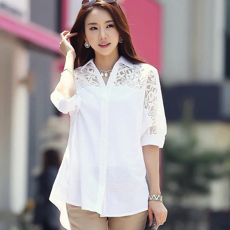 Sexy Lace Patchwork White Chiffon Button Up Shirt for Women Summer Casual Loose Half Sleeve Tops Blouse