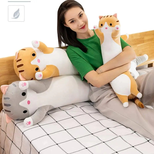 Cute Cat Plush Long Body Pillow, Soft Stuffed Animal Doll for Kids Girls, Gray 19 Inches