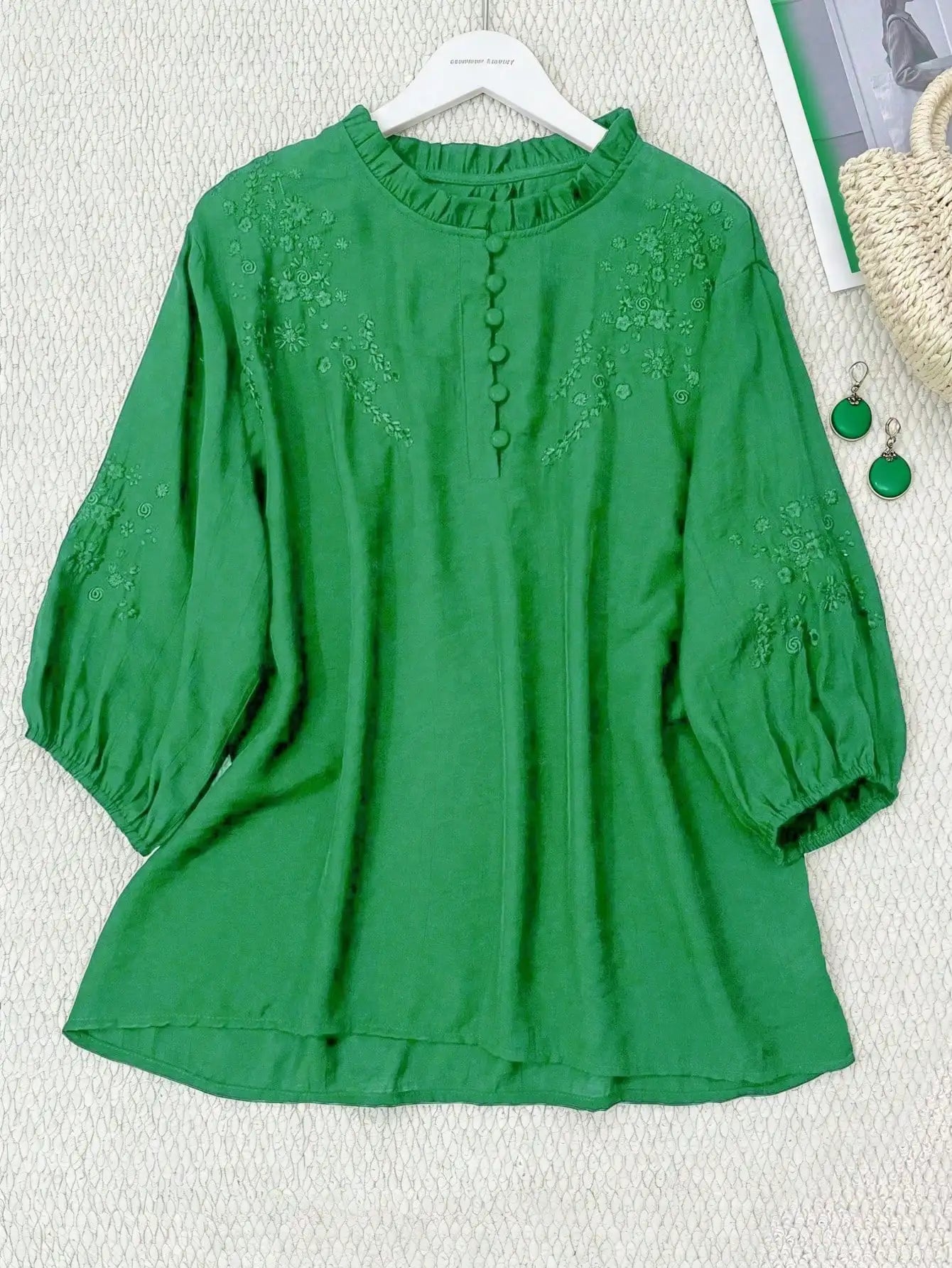 Women Embroidered Loose Bohemian Mid-Sleeve Blouse Solid White