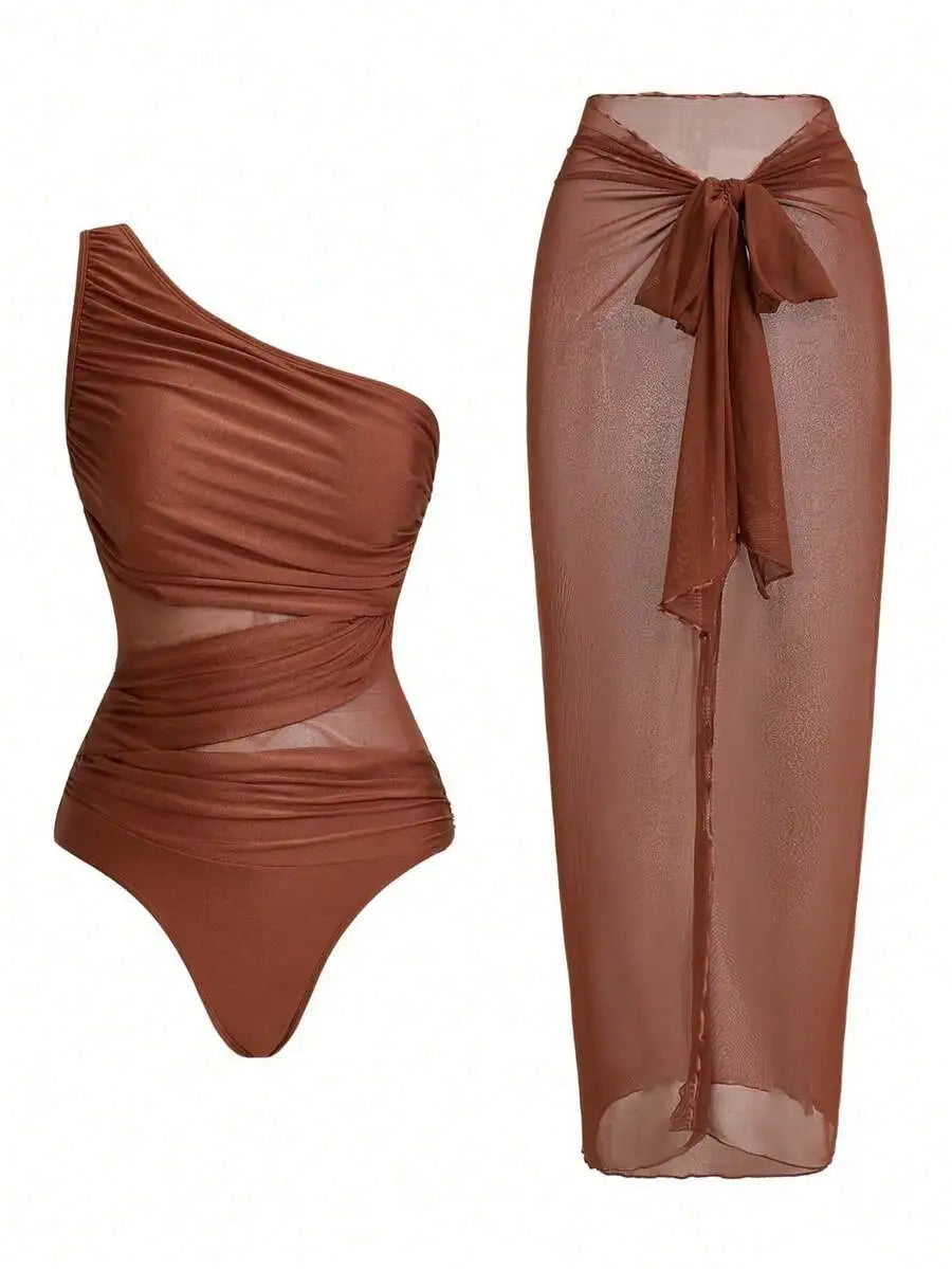 One Piece Ruched Swimsuit With Sarong Cover Up For Women Summer Beach