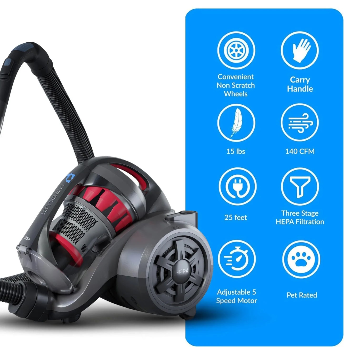 Lightweight bagless canister vacuum cleaner with dual HEPA filters