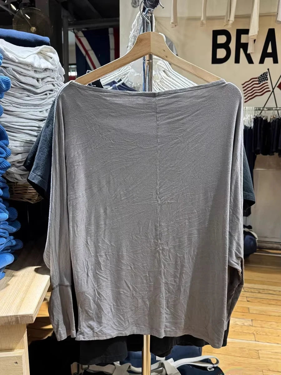 Navy Long Batwing Sleeve T-shirts Woman Sweet Slash Neck Cotton Tee Shirts Female Casual Simple All-match Tshirts Y2k Tops