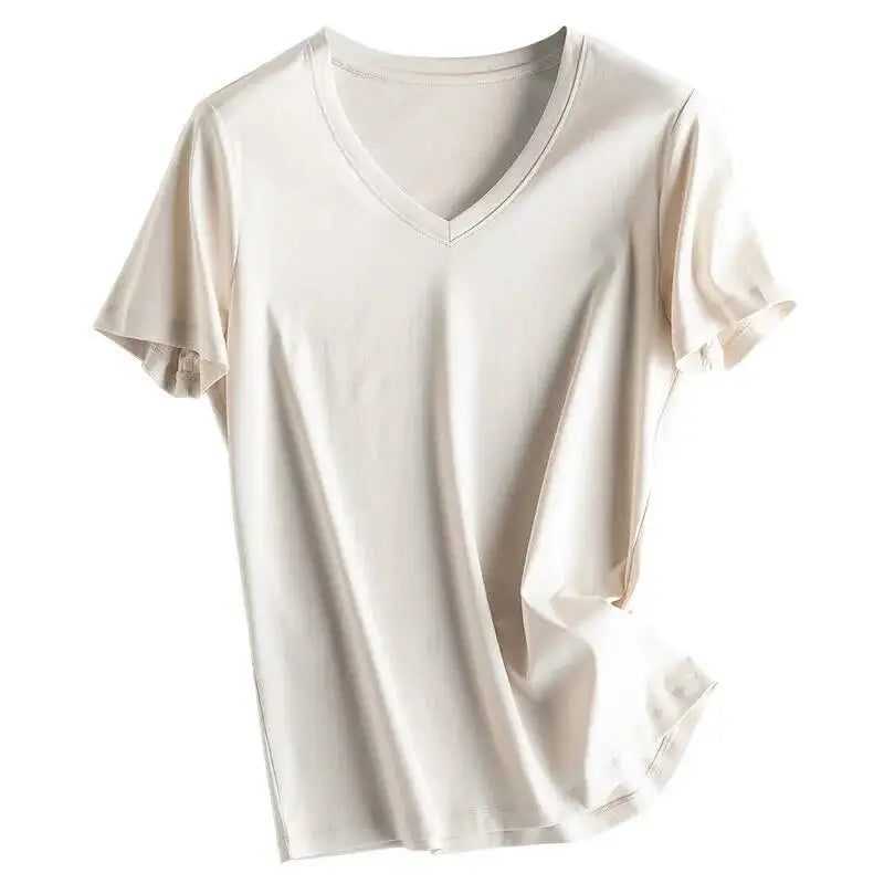 Summer 6% Mulberry Silk Cotton T-shirts Women Loose Round Neck Short Sleeve Luxury Tee Solid Color Basic Tops