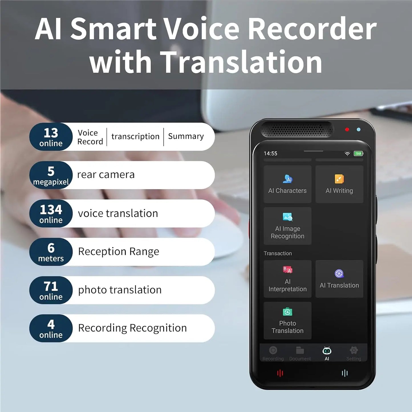 80GB AI Voice Recorder: Transcribe, Summarize & Translate 134 Languages