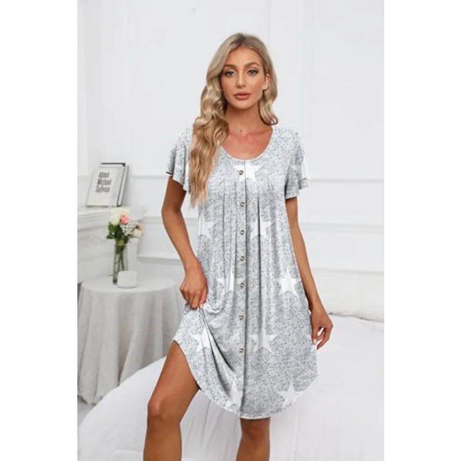 Women's Button Down Nightgown Pleated Front Loose Fit Short Sleeve Sleepwear Pajamas Dress with Hand Pockets