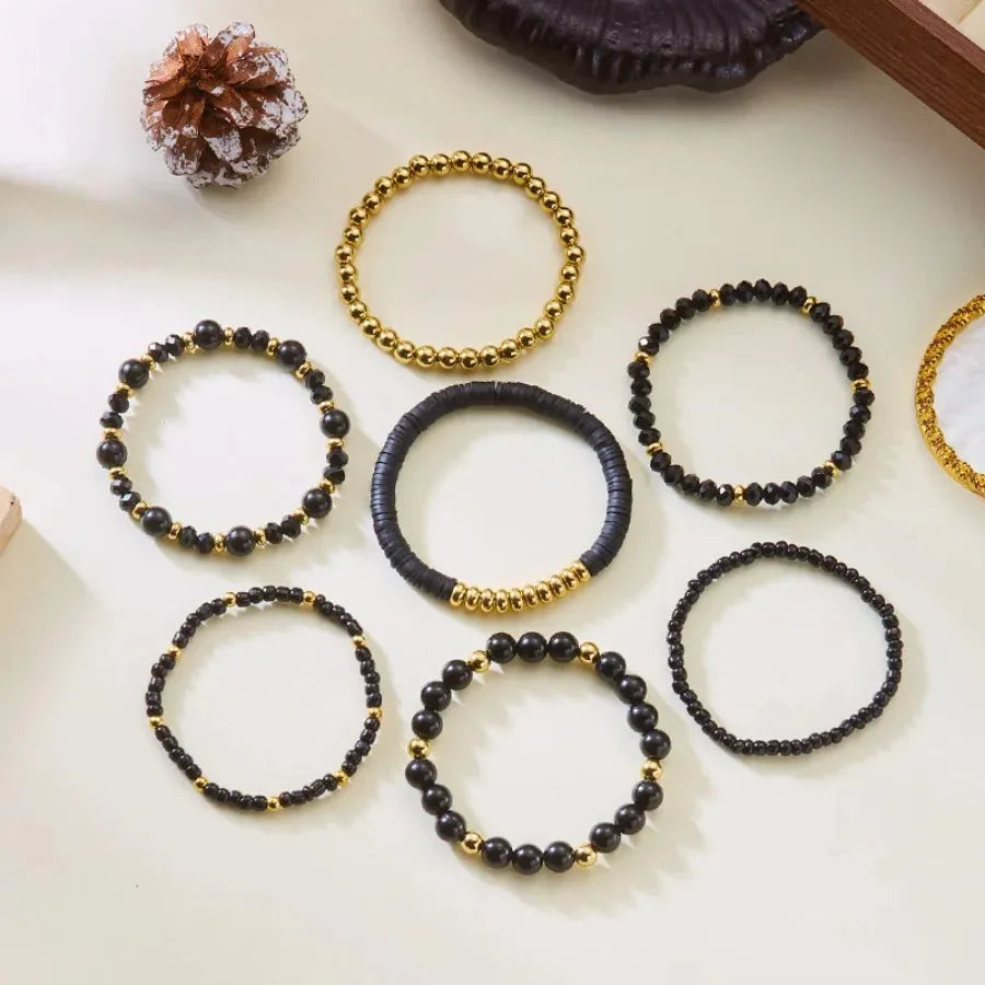 Bohemia Hand Jewelry Summer Beach Wristband Women 7Pcs Brown Gold Beaded Bracelets Set with Tiger Eye Stone and Crystal Charms