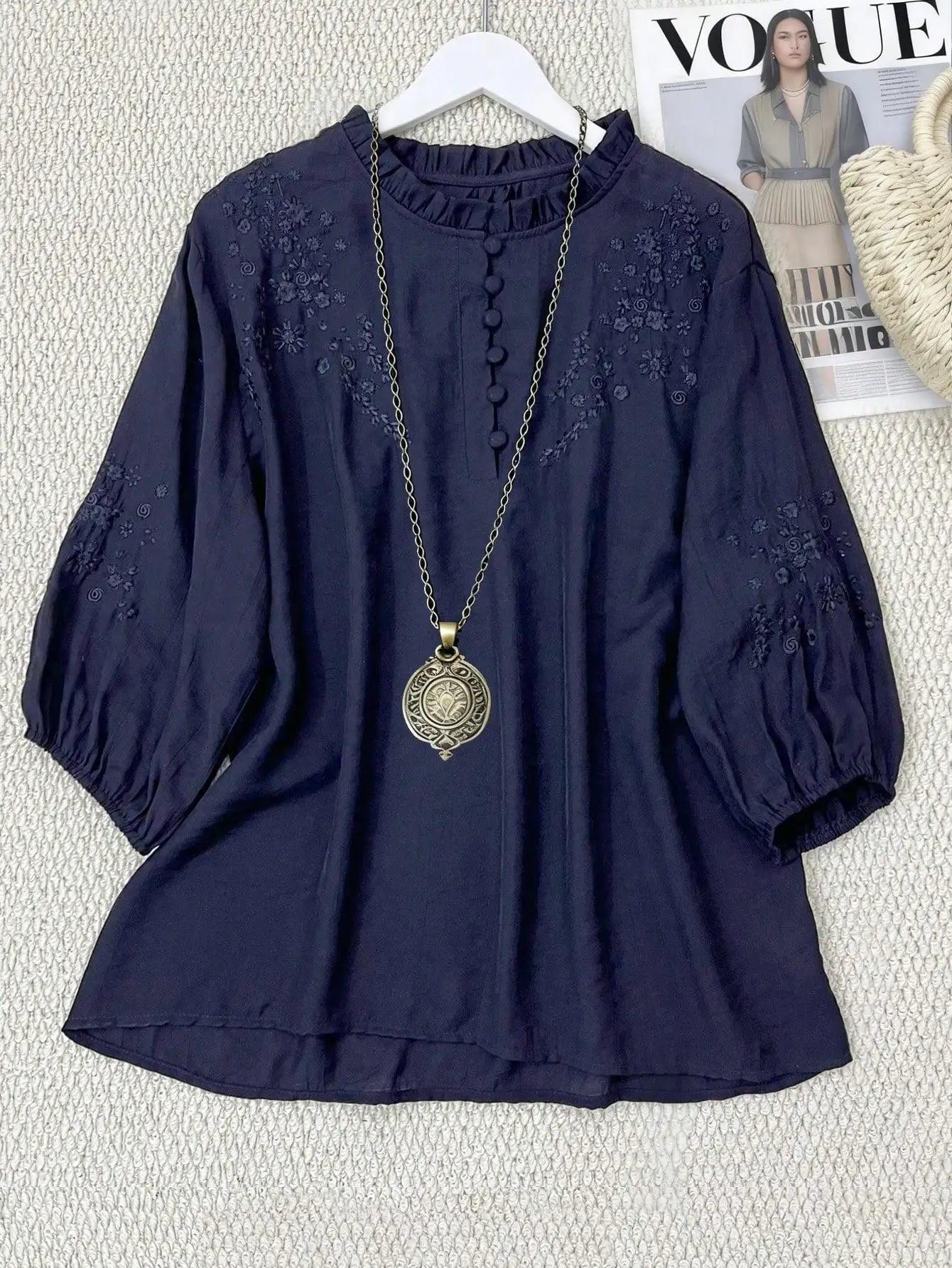 Women Embroidered Loose Bohemian Mid-Sleeve Blouse Solid White