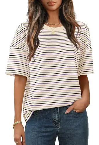 Women T-shirt Round Neck Color Block Stripe Print Daily Casual Loose Fit Soft Fabric Summer Basic Short Sleeve Tops