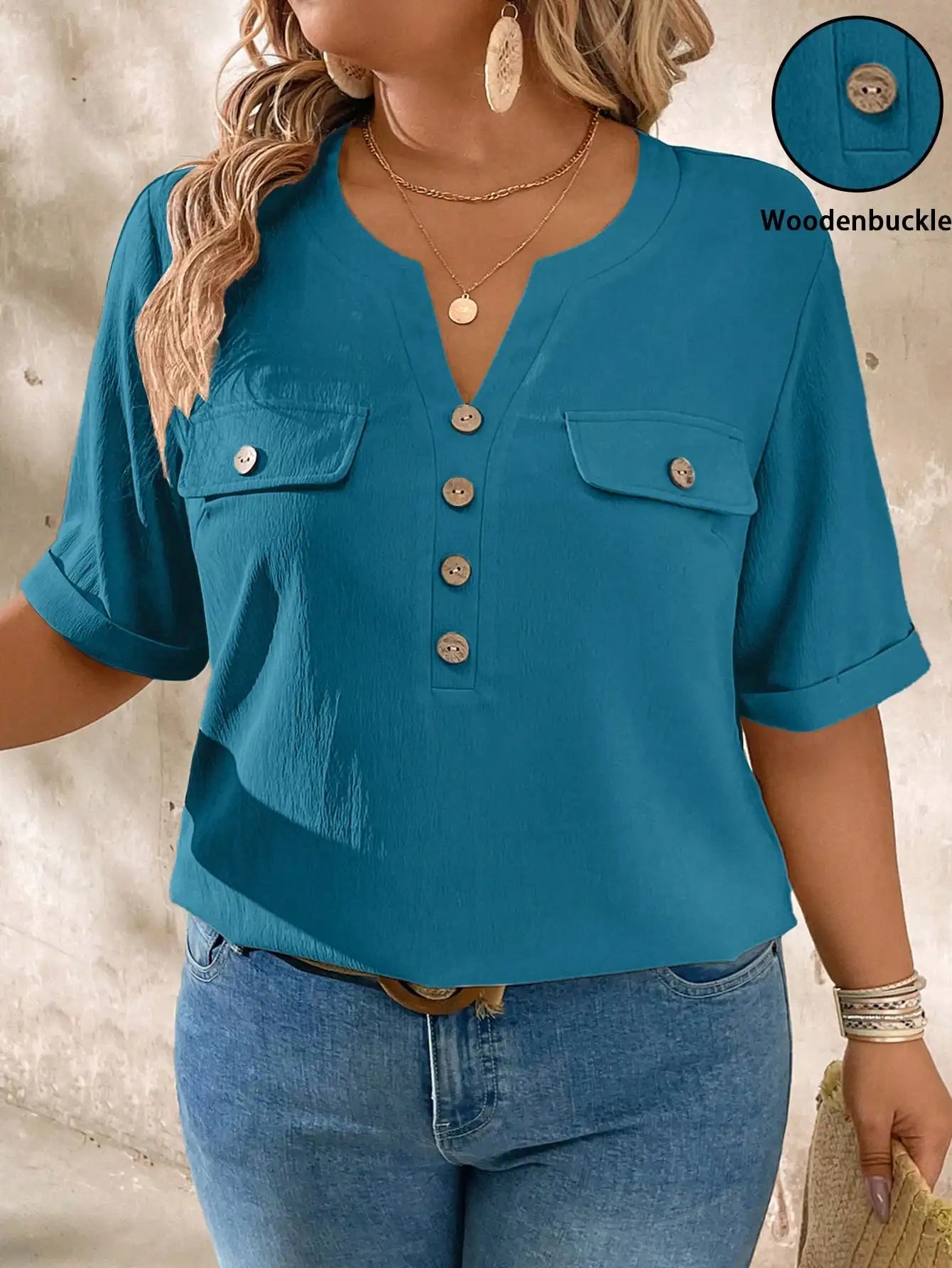 Casual V-Neck Short Sleeve Shirt With Wood Buttons