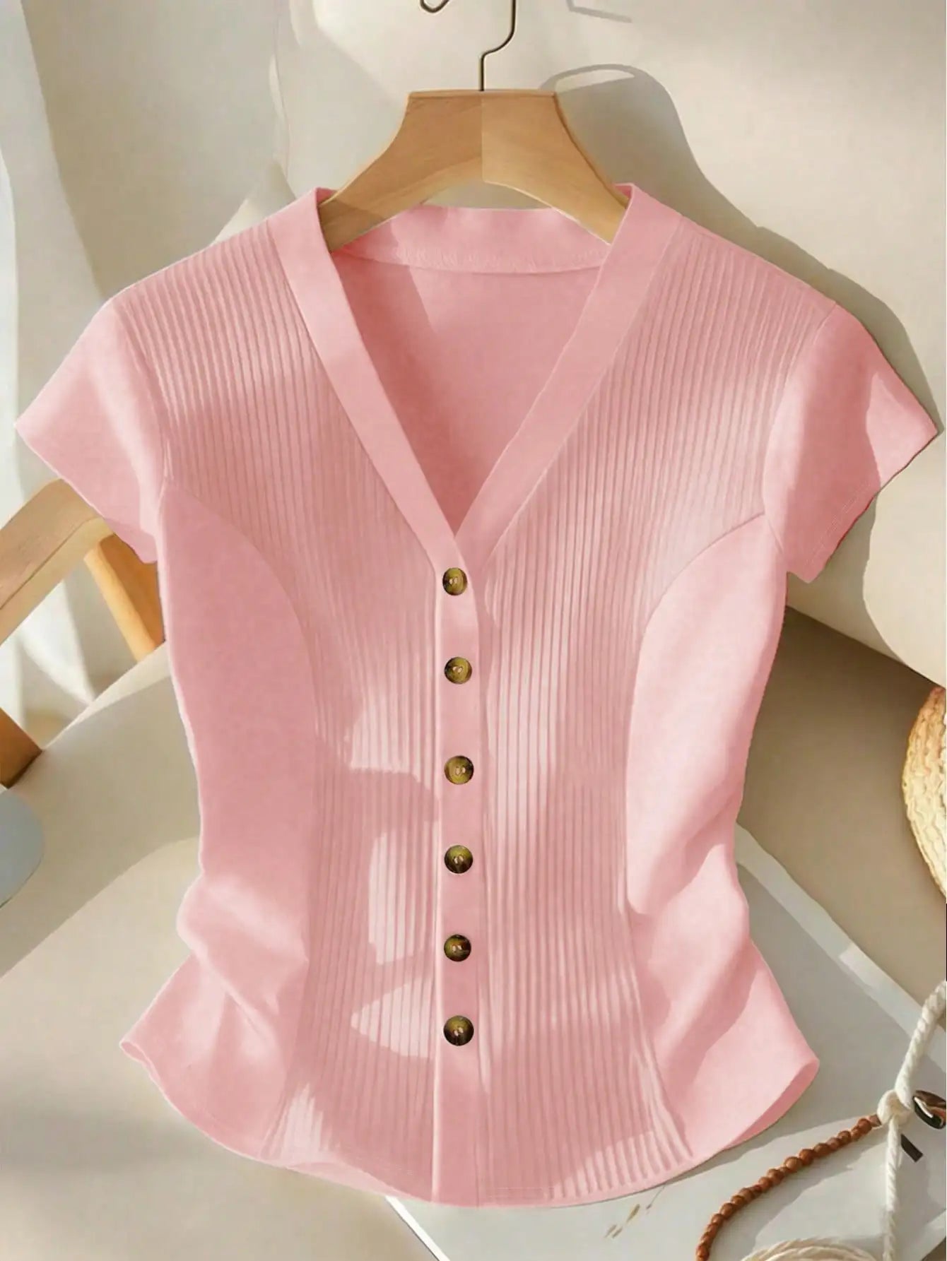 Women's Deep V-Neck Short Sleeve Cinched Waist Button Closure Elegant Casual Blouse