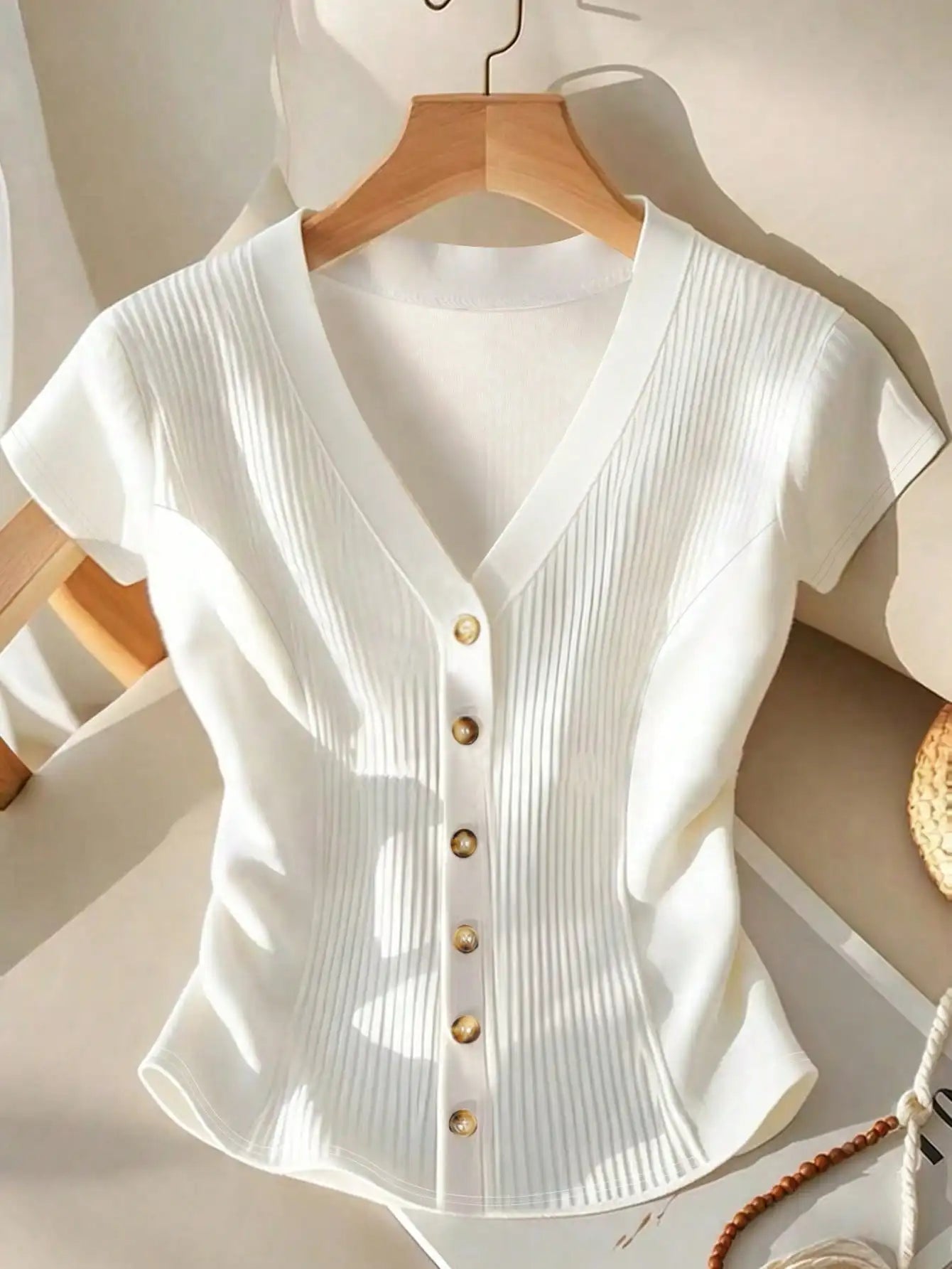 Women's Deep V-Neck Short Sleeve Cinched Waist Button Closure Elegant Casual Blouse
