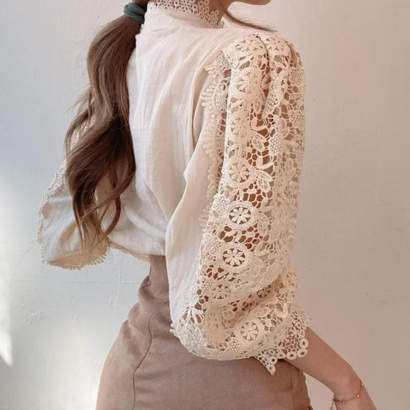 Women’s Elegant Lace Trim Shirts Casual Victorian Blouse Long Sleeve Button Down Tops