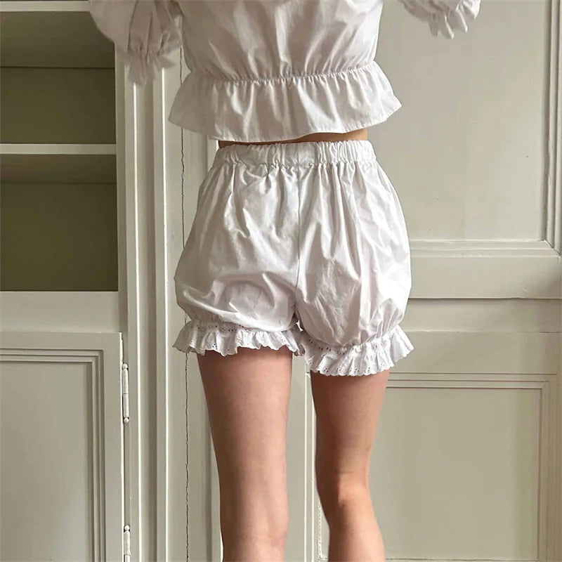 Women Shorts Summer Ladies Y2K Coquette Victorian Solid Color Bloomers Cotton Elastic High Waist Ruffle Hem Daily Party White