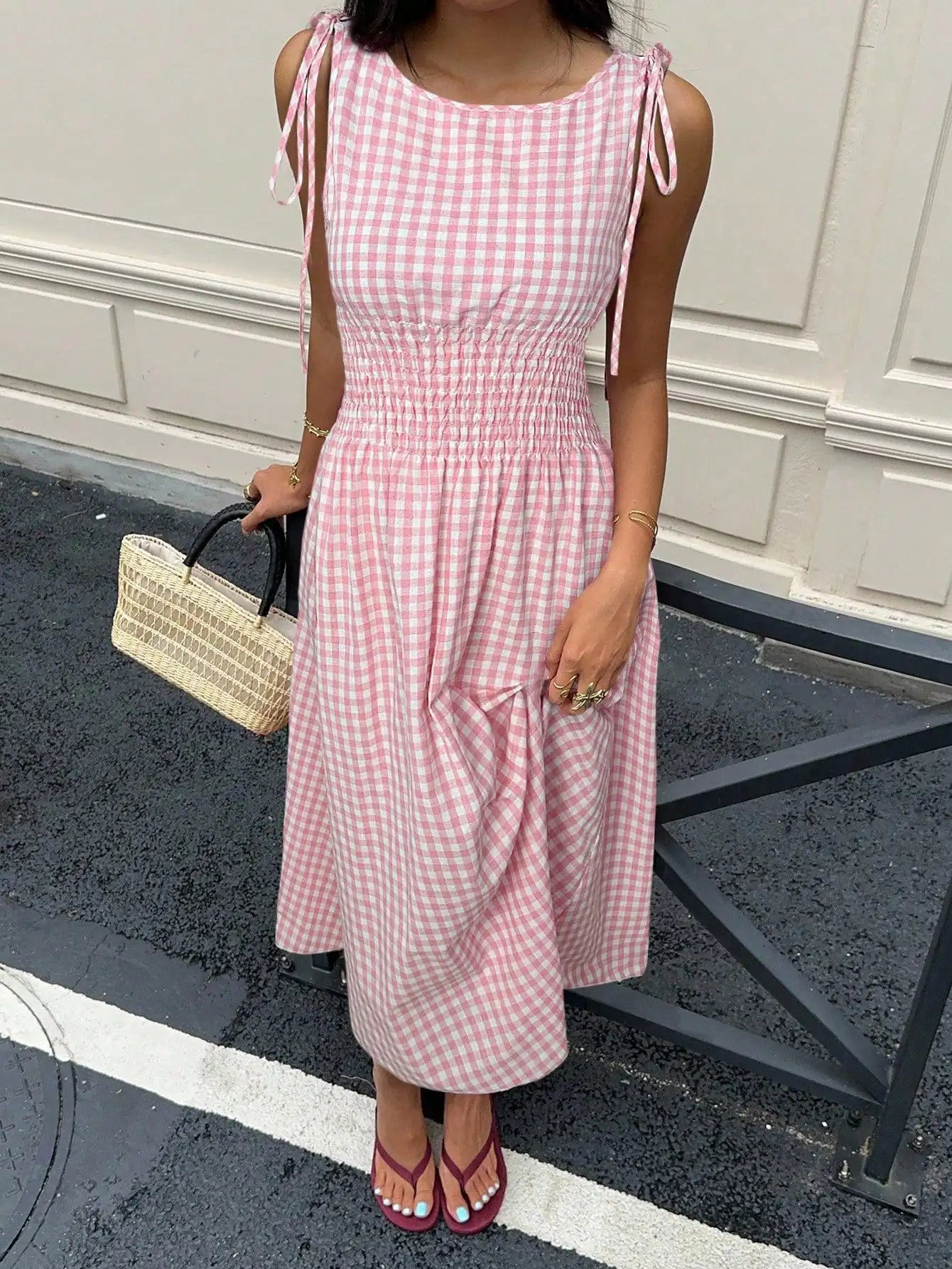 Blue Striped Midi Dress With Smocked Waist, Tie-Shoulder Detail, And Flowy Fit For Casual, Beach, Or Party Occasions