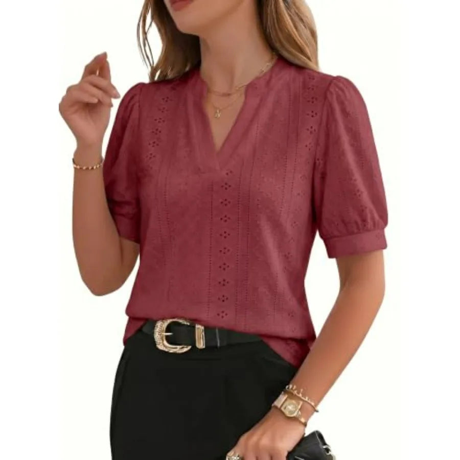 Dokotoo Womens Summer Business Casual Blouses V Neck Short Sleeve Shirts Eyelet Cute Lace Tops