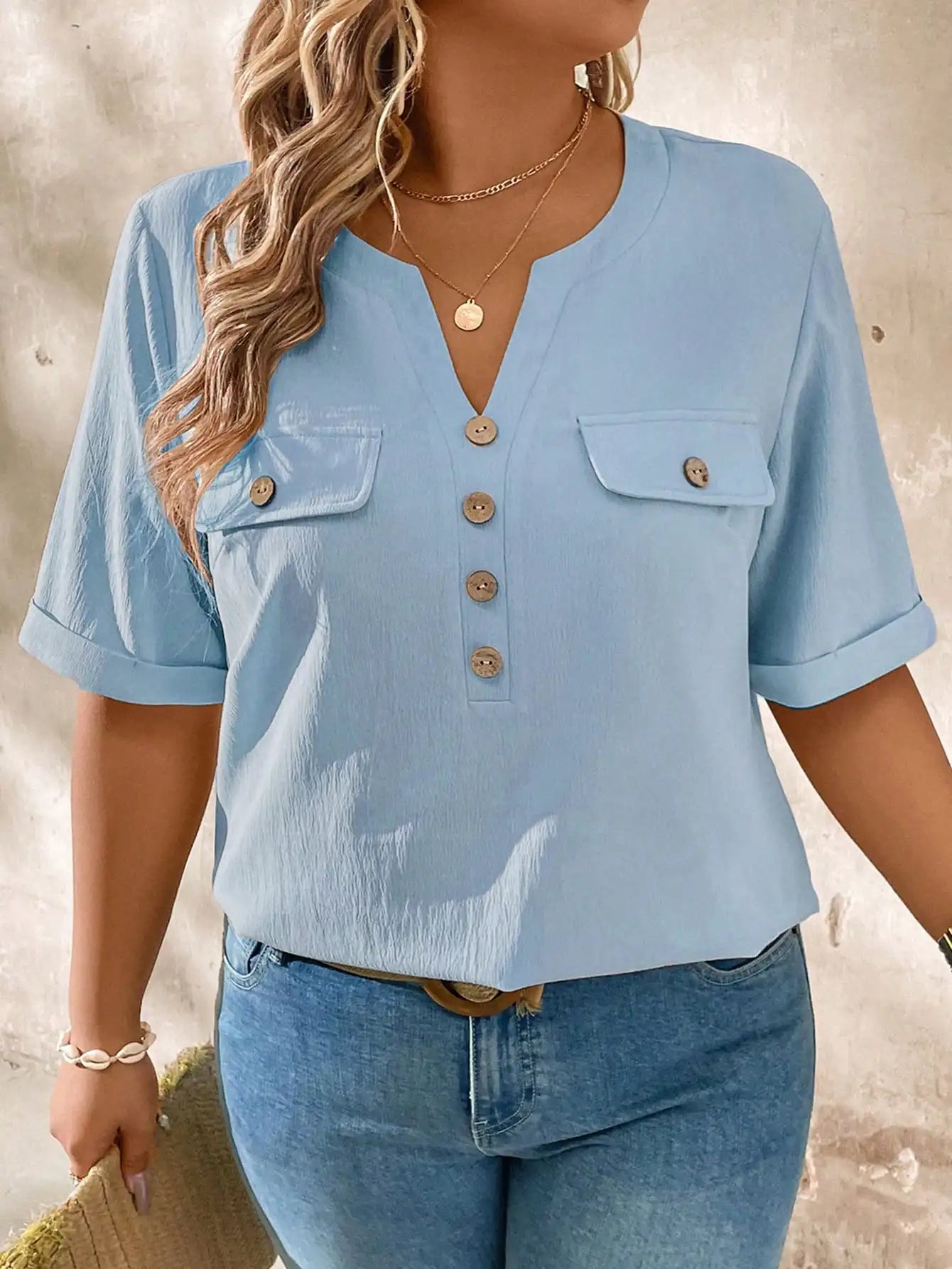 Casual V-Neck Short Sleeve Shirt With Wood Buttons