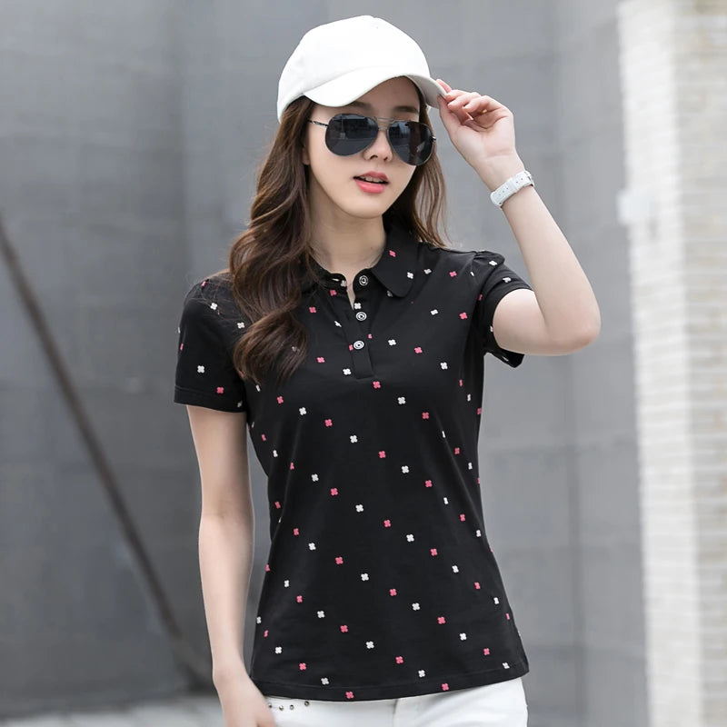 Women's Summer Cotton Shirt - Slim Fit Foldable Flip Collar Short Sleeve Printed Casual Top Trendy Button Design Fashion
