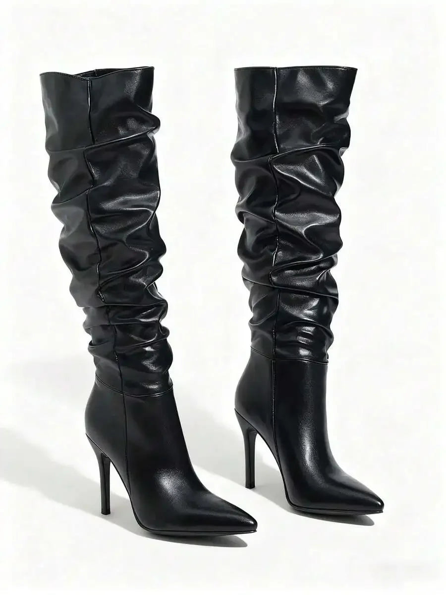 Womens Black Pleated Knee-High Pointed Toe High Heel Boots