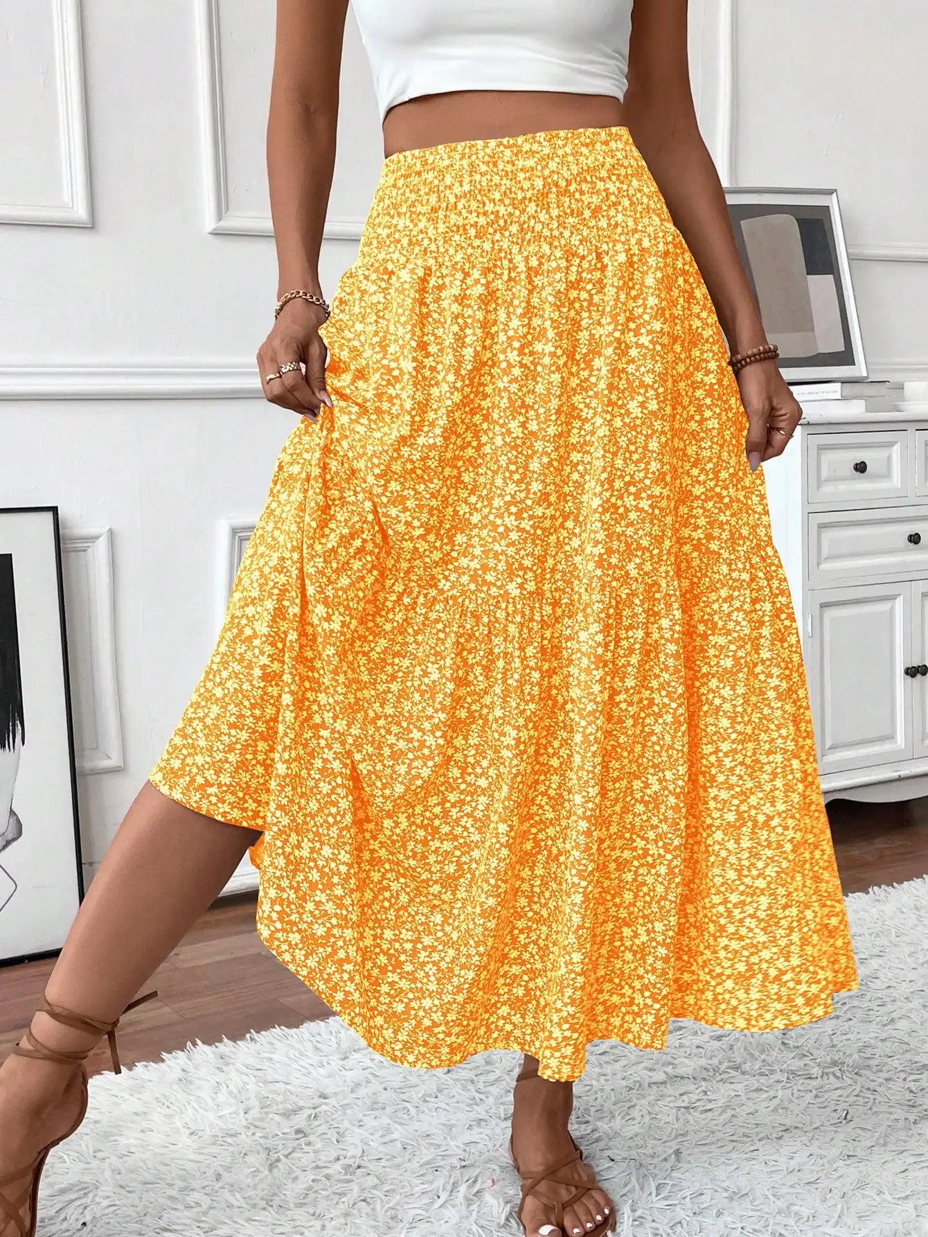 Womens Ditsy Floral A-Line Skirt With Pockets Elastic Waist Ruffle Hem