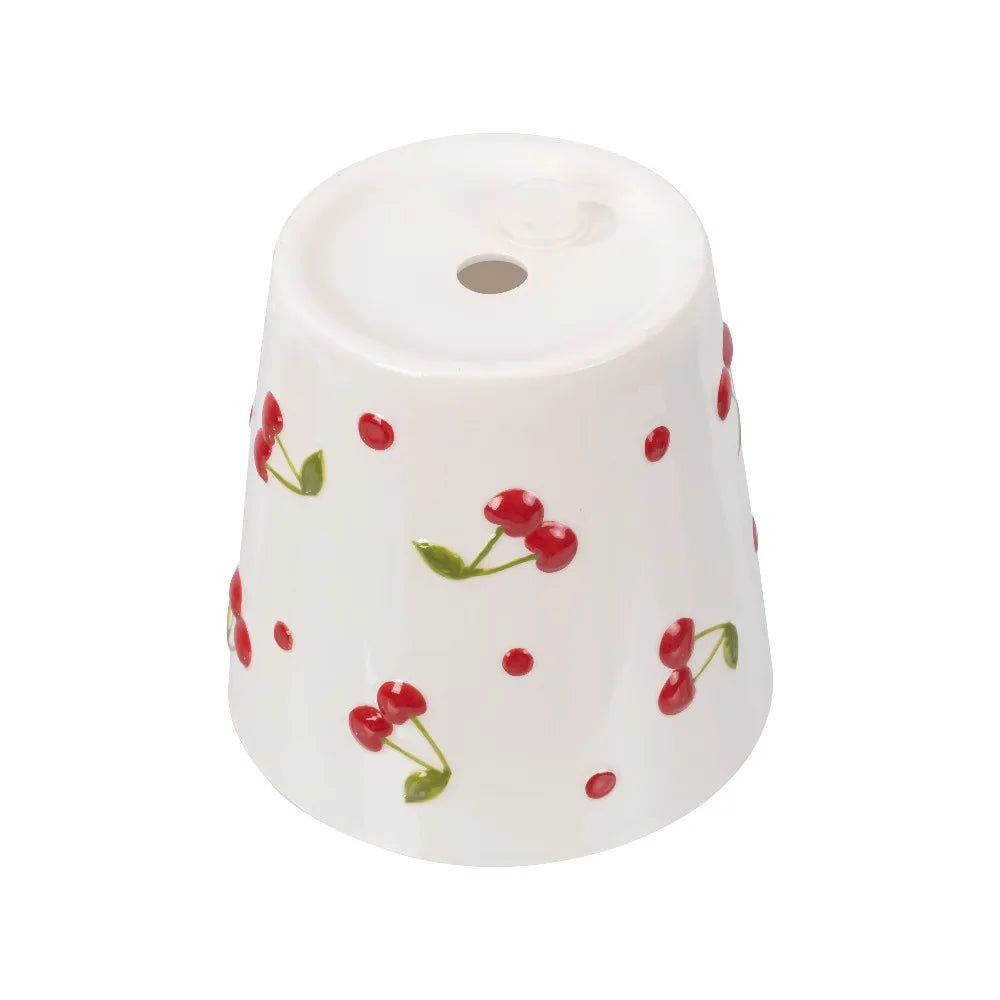 Round Ceramic Cherry Planter Pot for Plants Home Garden Decor Cream Red Flower Pot Handmade Art Pottery Vase with Drainage Hole