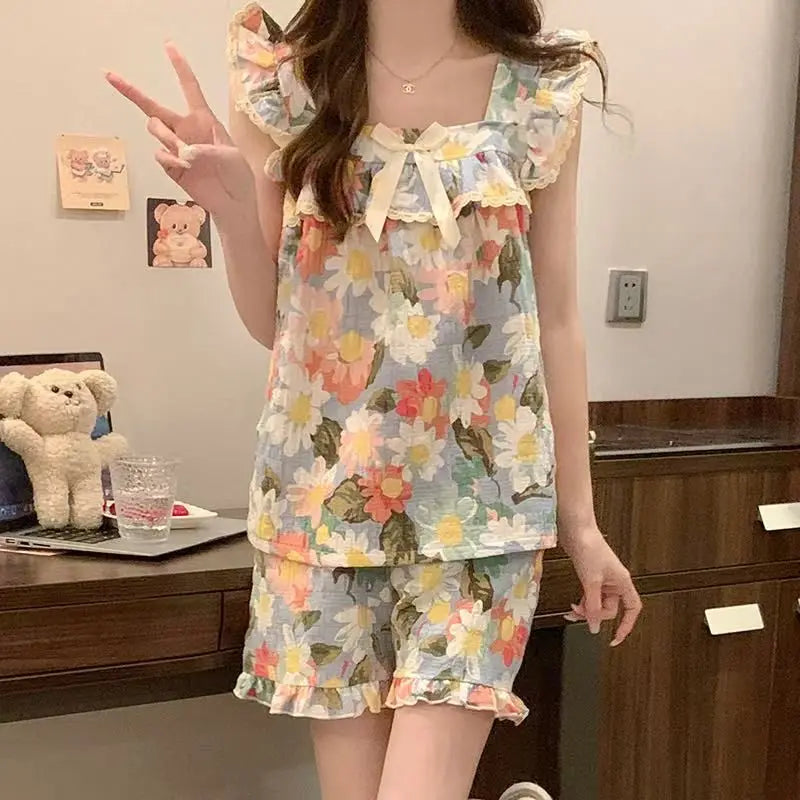 Set Sexy Women Summer Pajamas Sleeveless Sleepwear Trousers Sets Short Sleeve Sleepwear Women's Pajama Sleeping Sleep Lounge