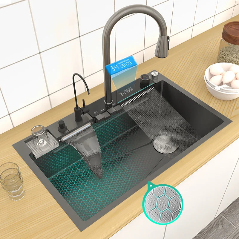 Various Waterfall kitchen Sink  Stainless Steel Multifunctional Large Single Slot Digital Display Sinks