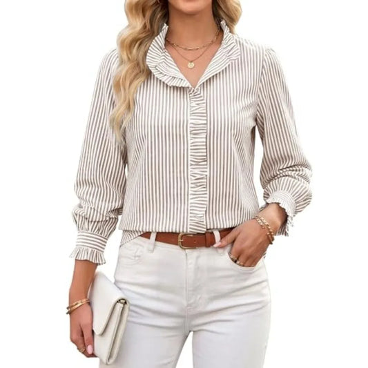 Blooming Jelly Blouses for Women Dressy Casual Striped Long Sleeve Shirts Ruffle V Neck Tops Summer Business Outfits