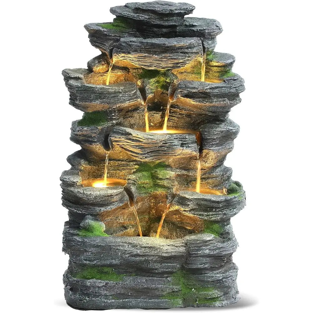 7-Tier Cascading Rock Fountain with LED Lights, Suitable for Indoor and Outdoor Use, Perfect for Home and Garden Decor