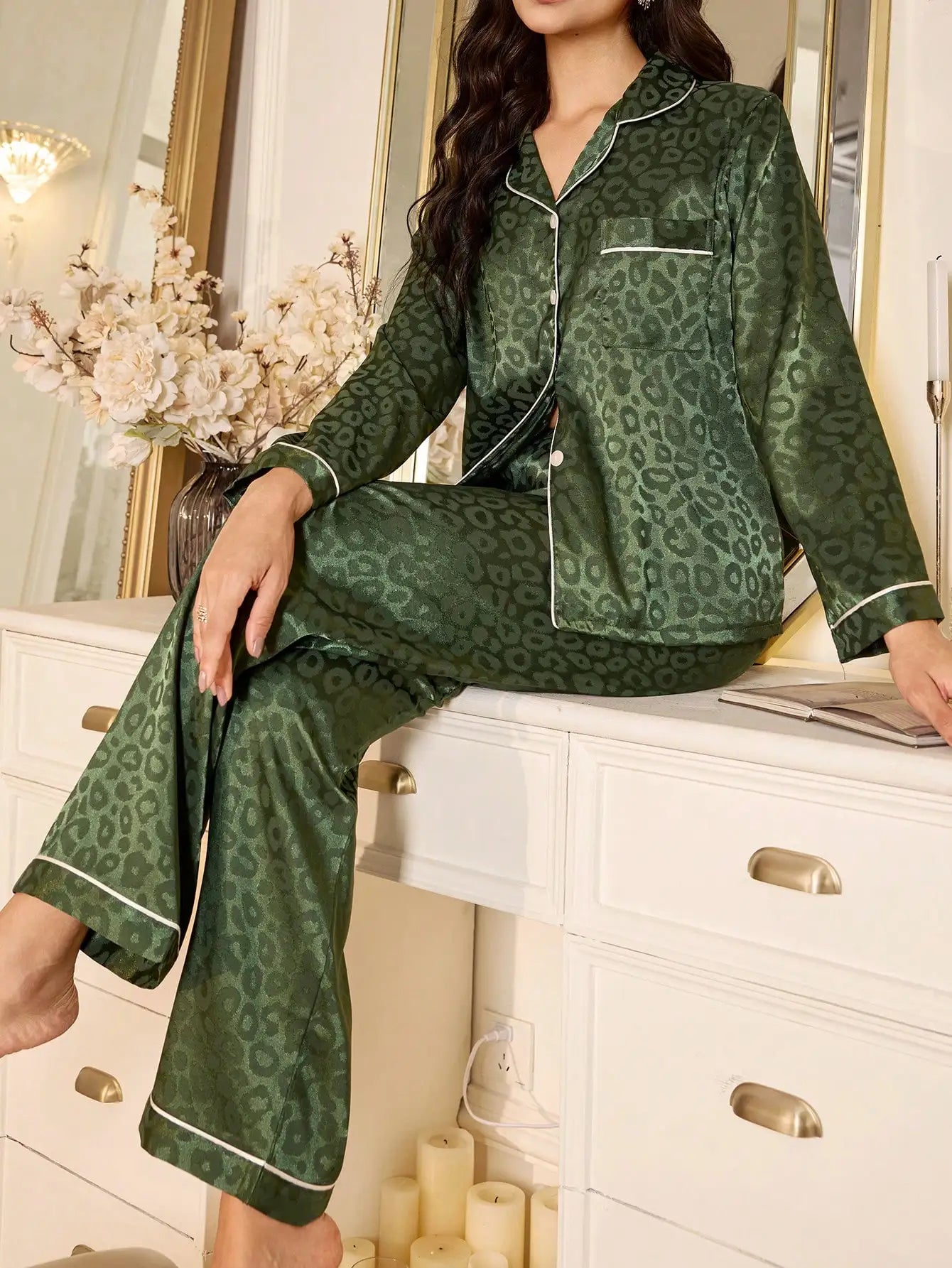 Women's Satin Pajama Set with Contrast Trim Long Sleeve Top and Wide Leg Pants for Cozy Lounge Wear