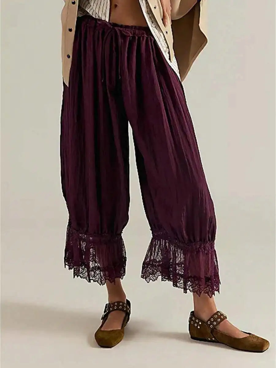 Women Lace Trim Elastic Mid Rise Cropped Flared Bloomers Pantaloons