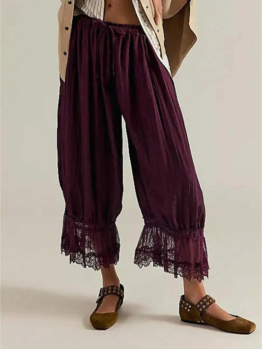 Women Lace Trim Elastic Mid Rise Cropped Flared Bloomers Pantaloons
