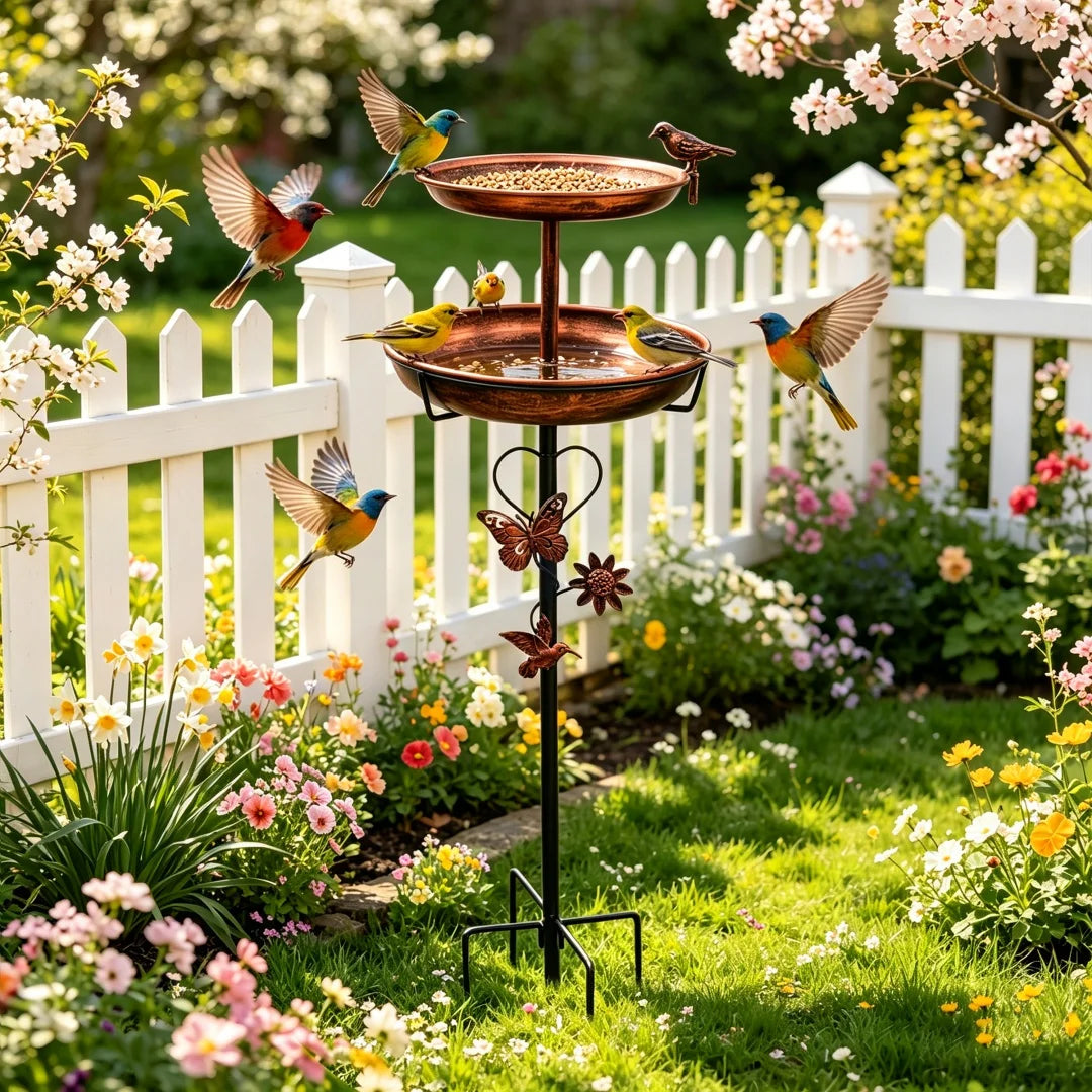 Outdoor Double-Layer Bird Feeder Birdbaths Bowl Freestanding Bird Bath Stand for Garden Yard Patio Decor with 5-Pronged Base