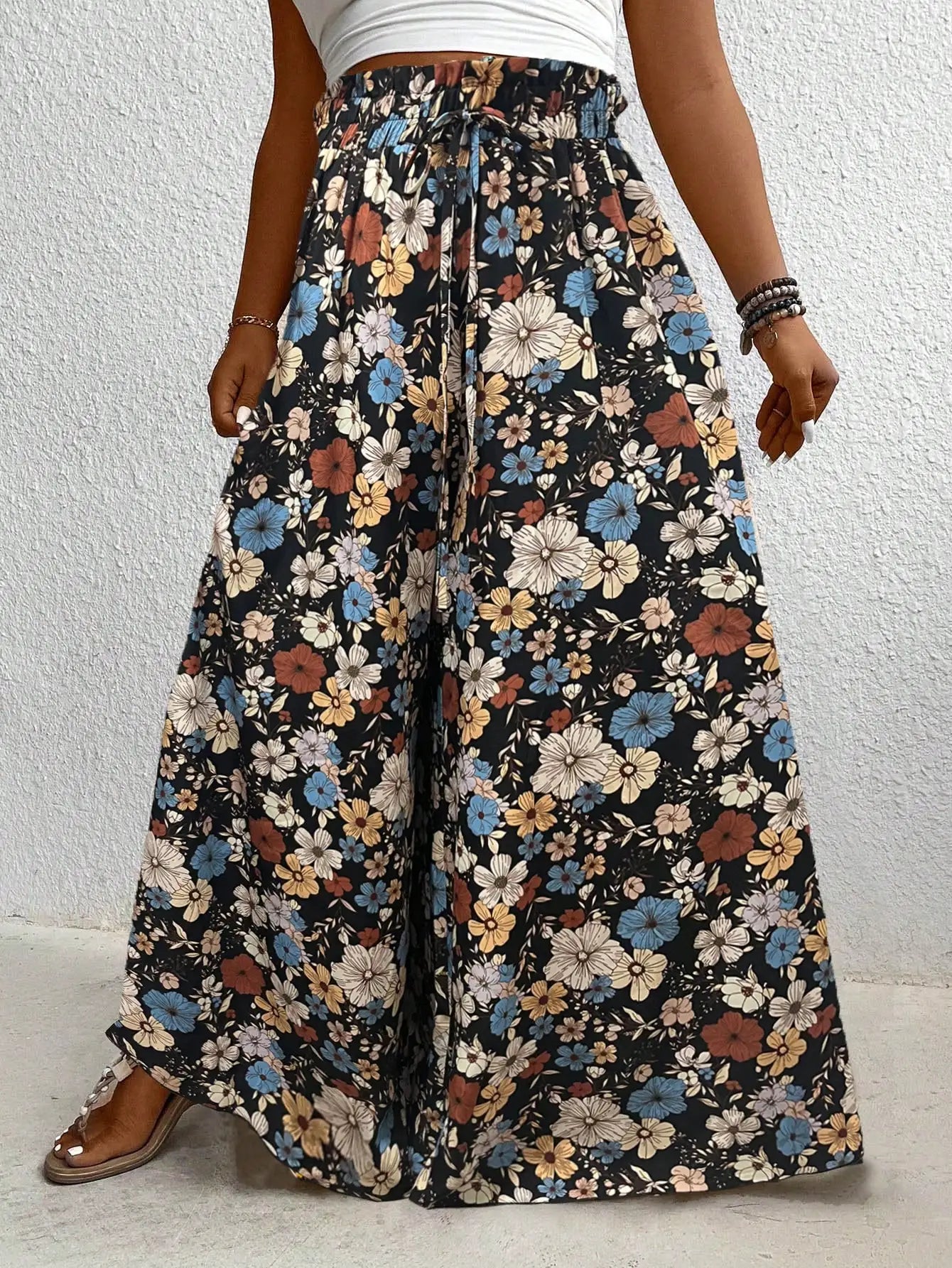 Plus Size Women's Clothing Loose Comfortable Commuting Casual Style Summer Printed Long Pants Elastic Waist Drawstring Draped Wide Leg Pants