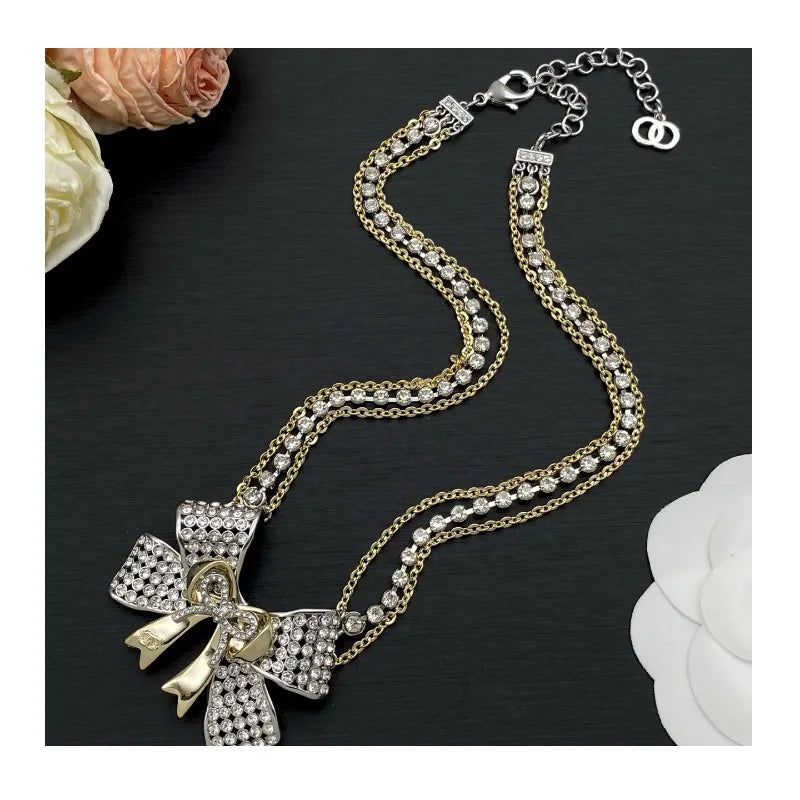 New Bow Diamond Necklace Double Letter Light Luxury High-end Necklace Women