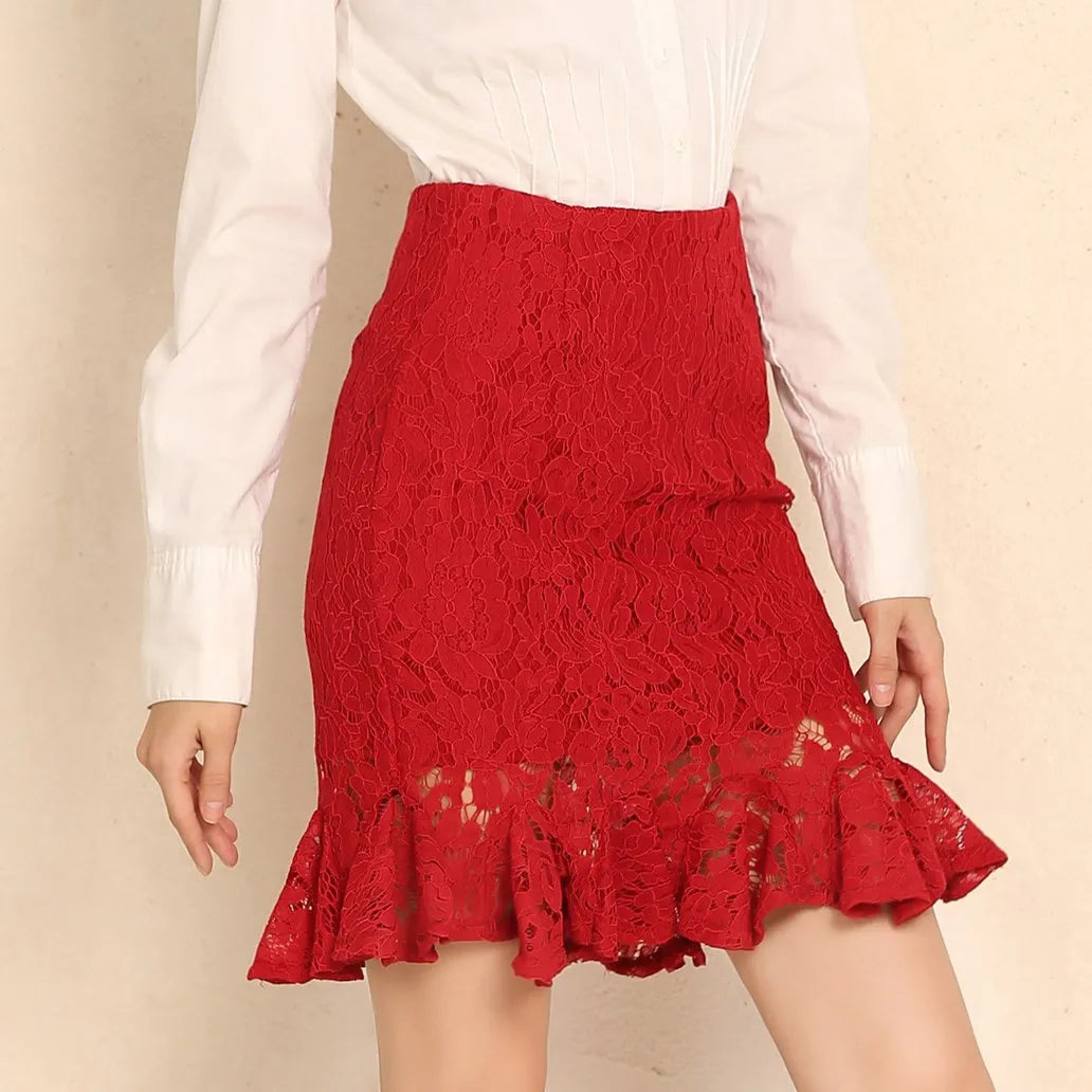Office Lace Skirt Women Sexy High Waist Pencil Skirt One Step Formal Ruffle