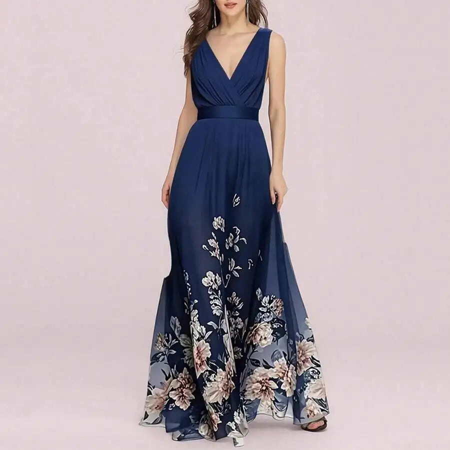 Elegant V-Neck Floral Print Waist-Cinching Floor-Length Dress For Women