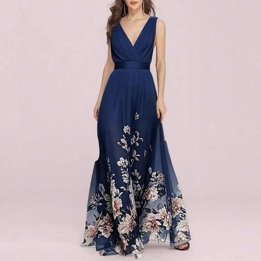 Elegant V-Neck Floral Print Waist-Cinching Floor-Length Dress For Women