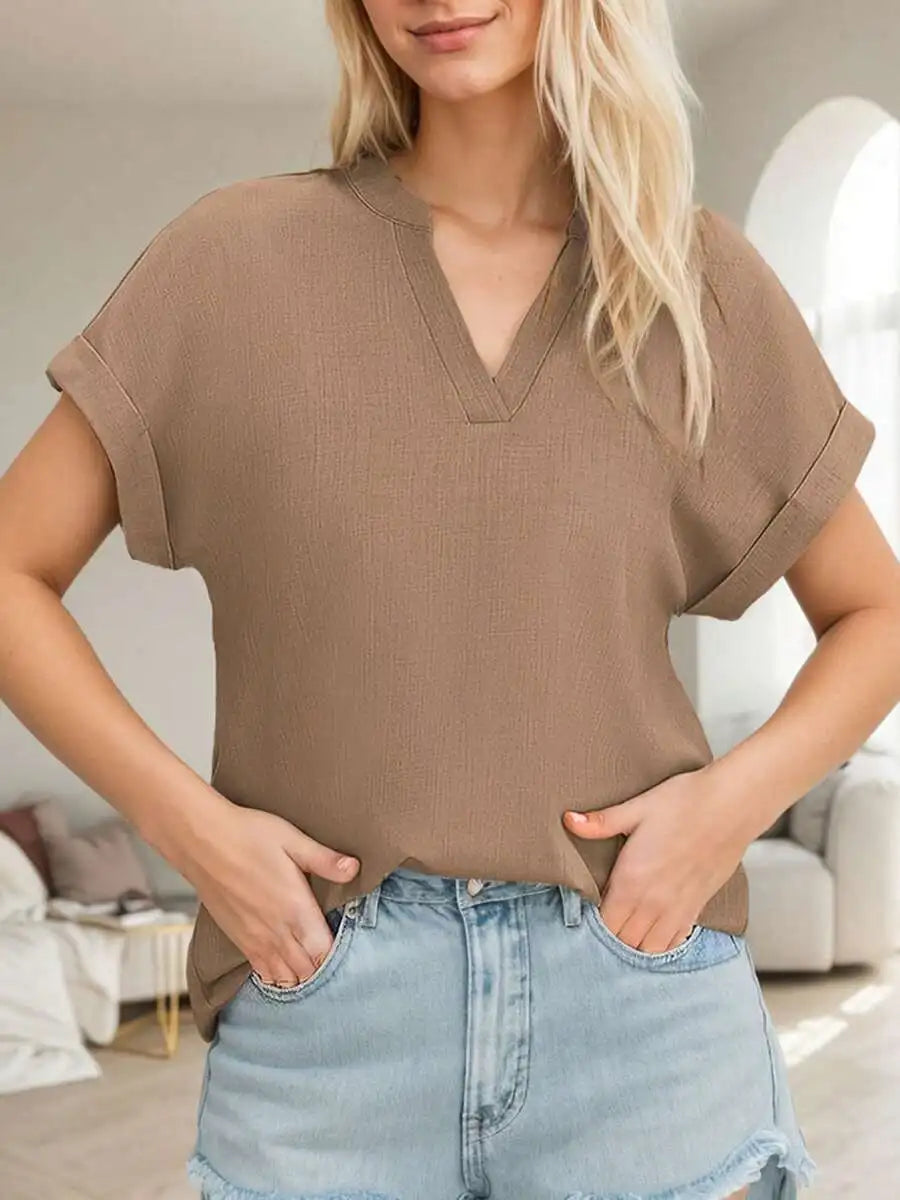 Women Non-Stretch Woven V Neck Casual Short Batwing Sleeve Blouse