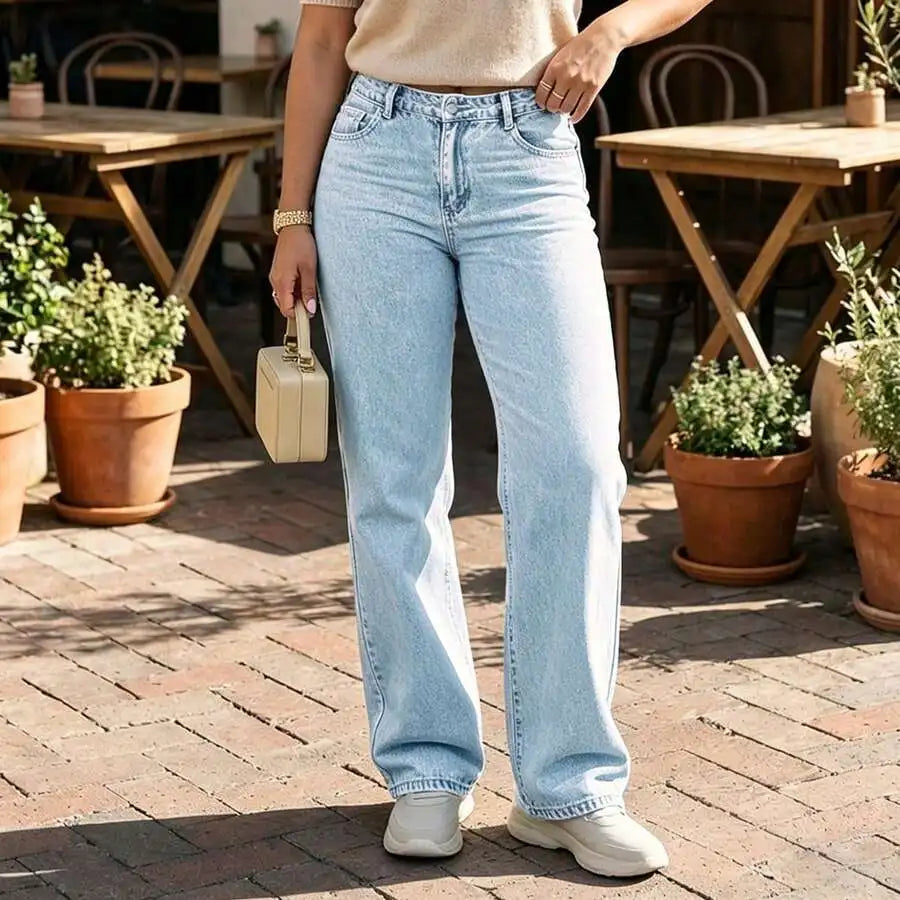 Womens Mid Rise Straight Leg Black Denim Jeans, Casual Loose Fit Trousers