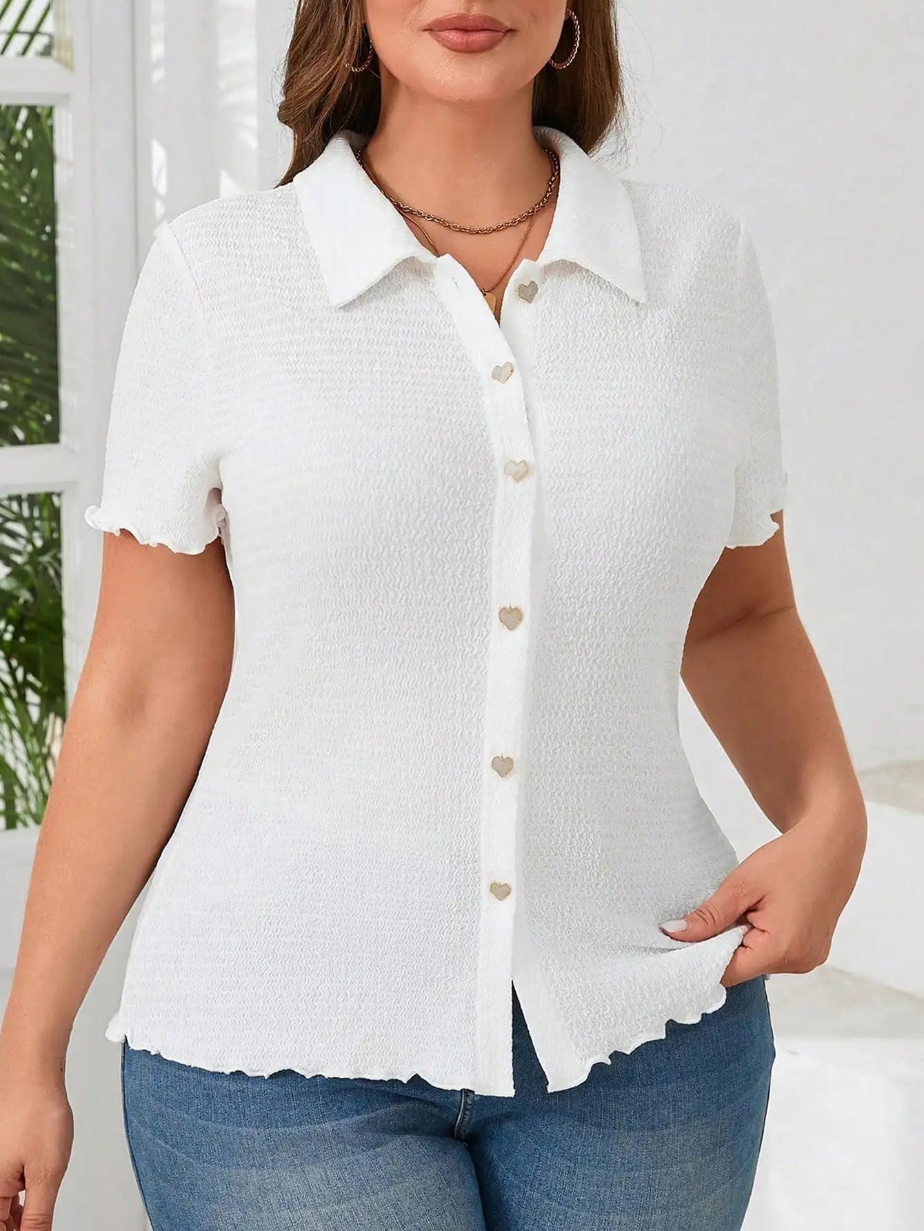 Striped Button Front Polo Shirt Short Sleeve Casual Office Elegant Women's Top