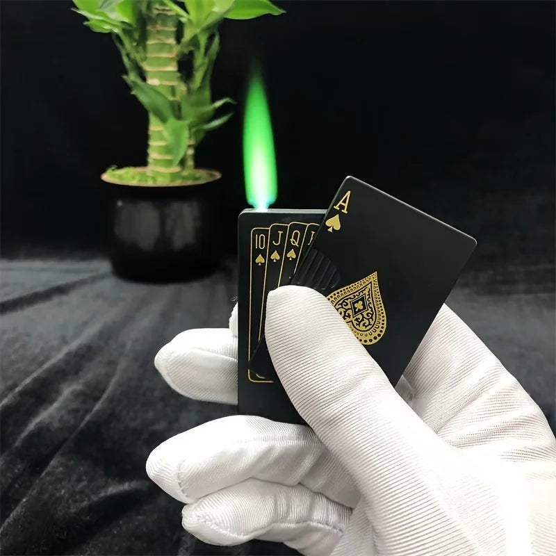 Metal Poker Card Shaped Lighter with Cash Detector Light Windproof Decompression Portable Turbine Torch Lighter for Men's Gift
