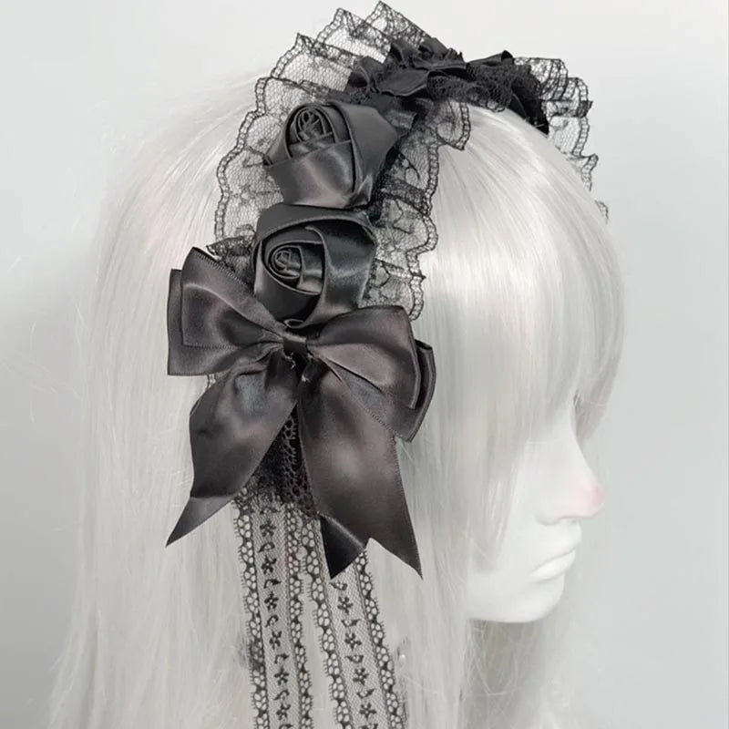 Lolita Gothic Black Lace Headband with Rose Bow Hairpins Victorian Satin Flower Hair Accessory for Women Cosplay Halloween Gifts