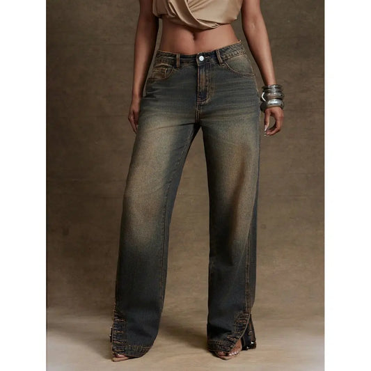 Straight Leg Ankle Slit Button Detail Denim Jeans