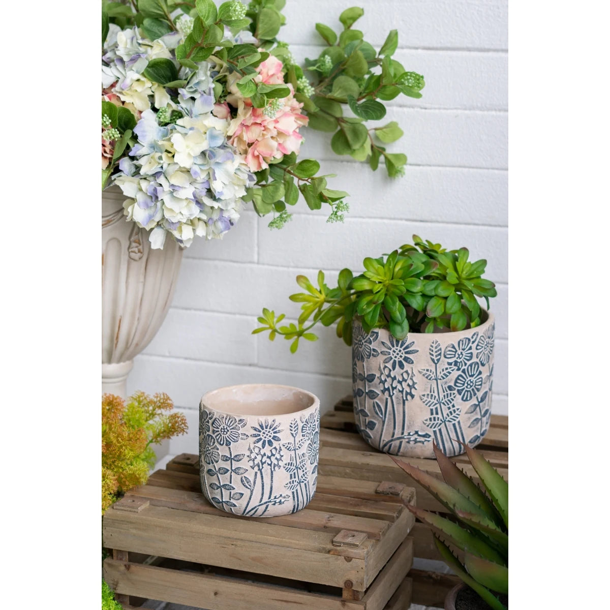 Set of 4 4.3x4.3x4" Gray Sand and Cement Planters with Brown Botanical Motifs On-Site