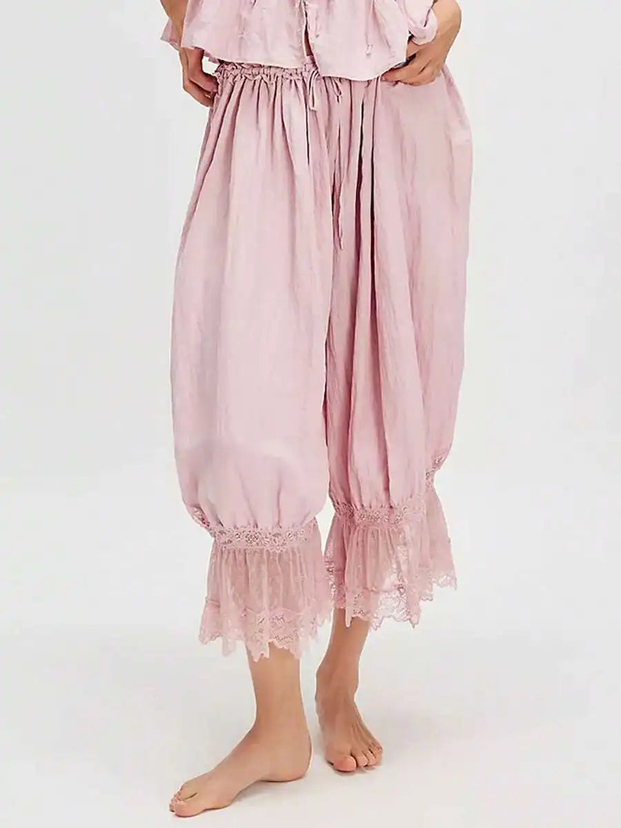 Women Lace Trim Elastic Mid Rise Cropped Flared Bloomers Pantaloons